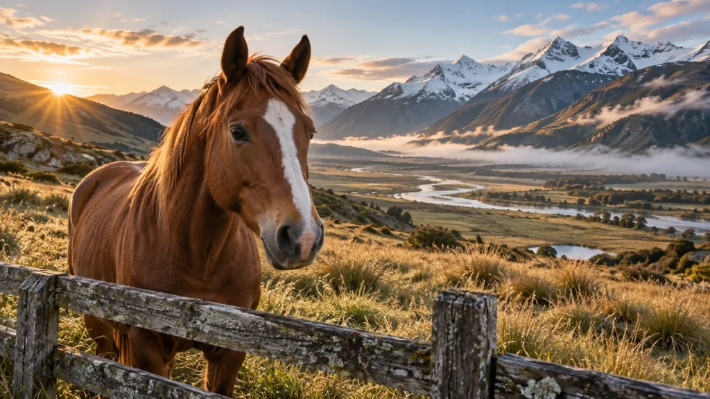 Un cheval devant une vaste vallée alpine inspirée des paysages de l’île du Sud en Nouvelle-Zélande