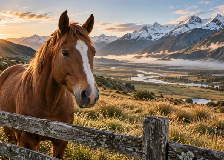 Un cheval devant une vaste vallée alpine inspirée des paysages de l’île du Sud en Nouvelle-Zélande