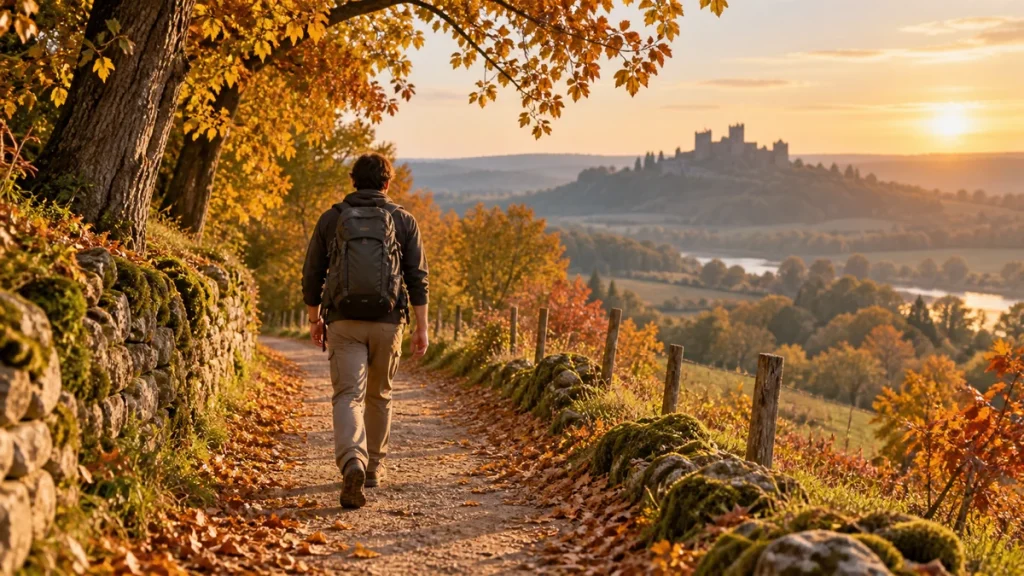 Marcher autour d’un château : l’idée parfaite pour une sortie d’automne sans forcer — illustration générée
