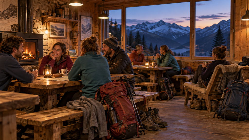 Randonneurs dans un refuge de montagne au soir, illustration éditoriale