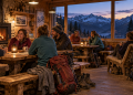 Randonneurs dans un refuge de montagne au soir, illustration éditoriale