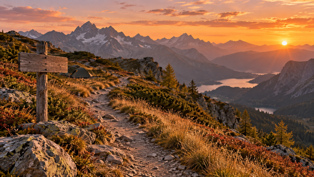 Sentier de montagne au coucher du soleil avec bivouac discret, illustration éditoriale