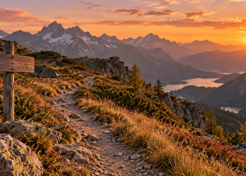 Sentier de montagne au coucher du soleil avec bivouac discret, illustration éditoriale