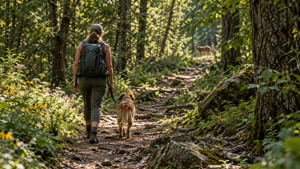 Randonneuse sur un sentier forestier avec un chien tenu en laisse, illustration éditoriale