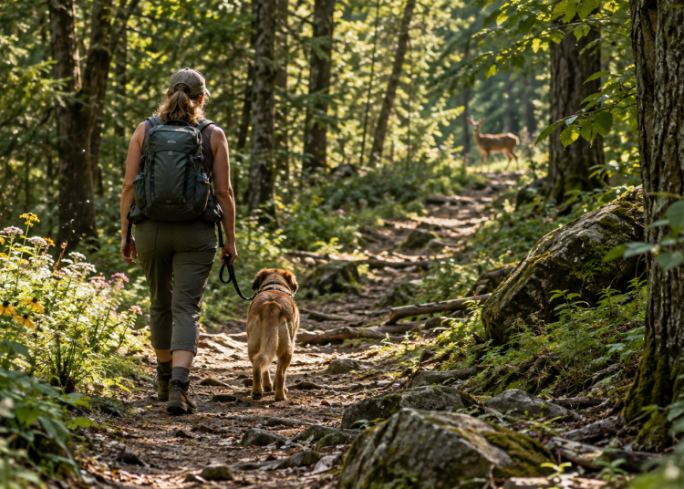 Randonneuse sur un sentier forestier avec un chien tenu en laisse, illustration éditoriale