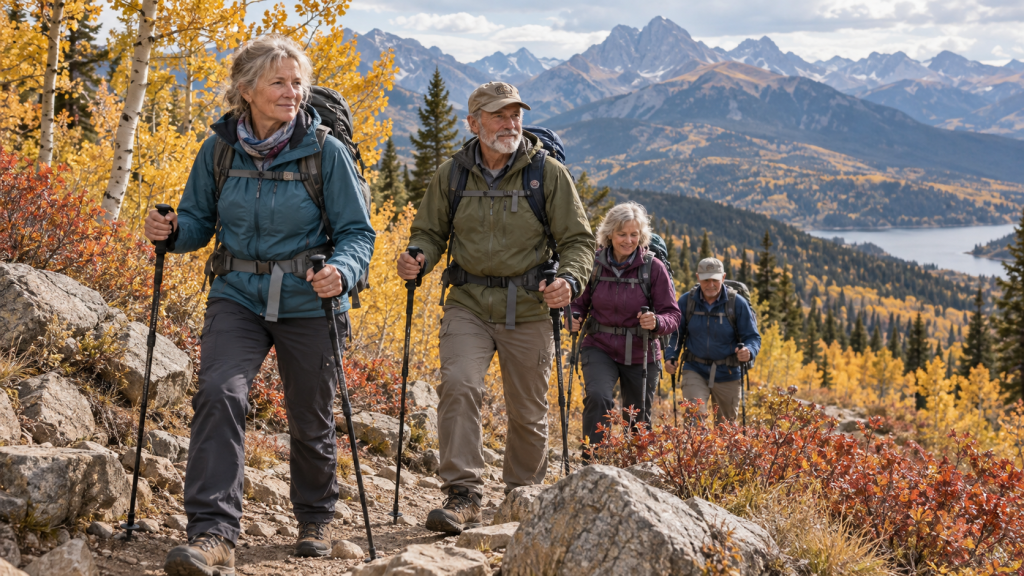 Randonneurs expérimentés faisant une pause sur un sentier d’automne, illustration éditoriale