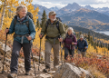 Randonneurs expérimentés faisant une pause sur un sentier d’automne, illustration éditoriale