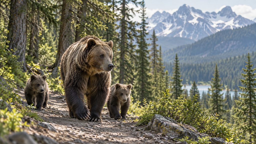 Femelle ours accompagnée de ses oursons sur un sentier forestier de montagne, prise de loin au téléobjectif