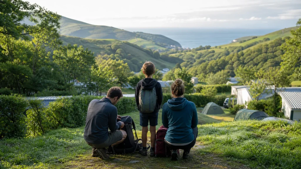 Illustration d'un camping verdoyant entre l'océan et les collines du Pays basque