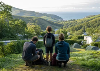 Illustration d'un camping verdoyant entre l'océan et les collines du Pays basque