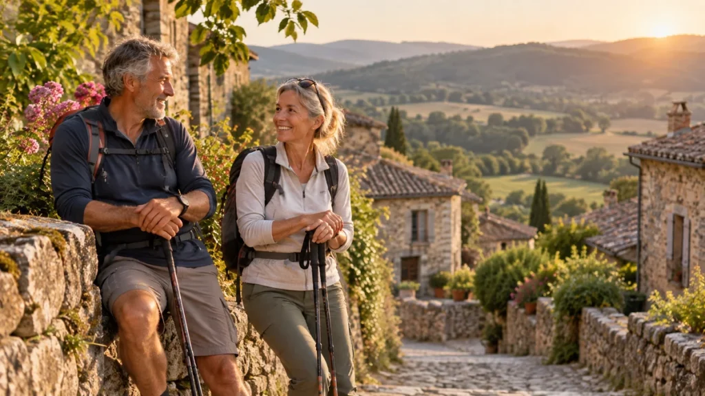 Pourquoi les randonnées autour des villages anciens plaisent autant après 50 ans — illustration générée