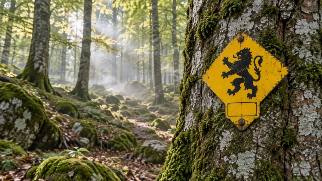 Panneau jaune en losange avec une silhouette de lion sur un sentier forestier
