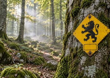 Panneau jaune en losange avec une silhouette de lion sur un sentier forestier