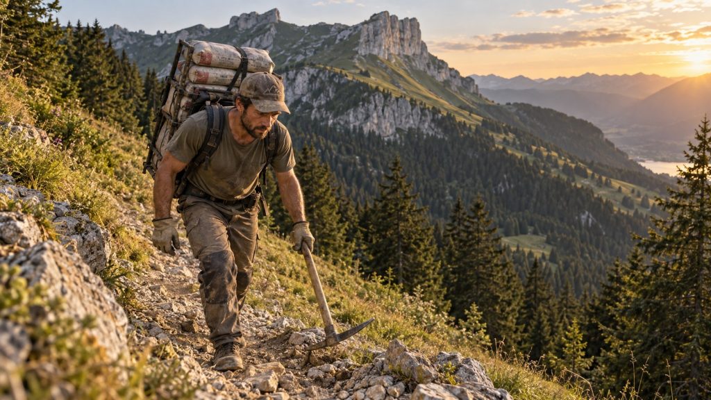 Agent d’entretien portant du matériel lourd sur un sentier de montagne