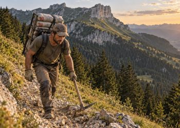 Agent d’entretien portant du matériel lourd sur un sentier de montagne