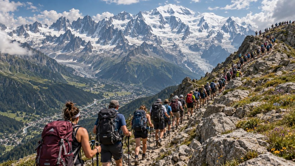 Longue file de randonneurs sur le sentier du Tour du Mont-Blanc