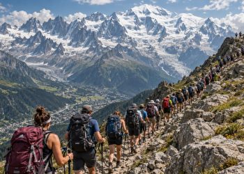 Longue file de randonneurs sur le sentier du Tour du Mont-Blanc