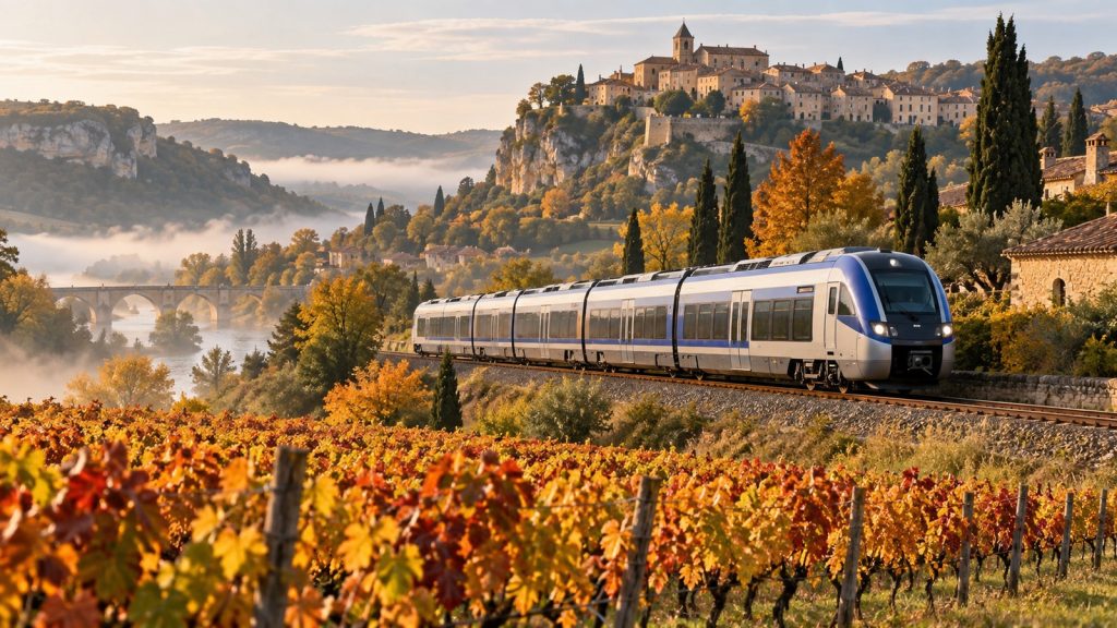 Train régional traversant la campagne française avec un village médiéval perché en arrière-plan