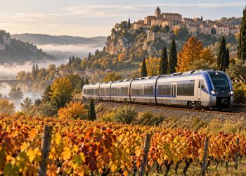 Train régional traversant la campagne française avec un village médiéval perché en arrière-plan