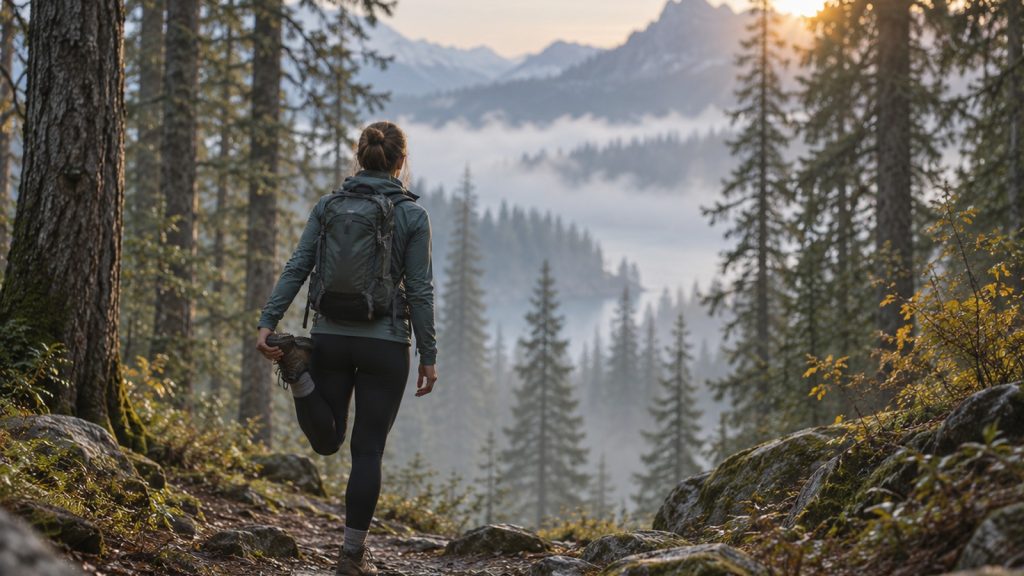 Randonneur de dos effectuant un étirement des quadriceps sur un sentier forestier brumeux
