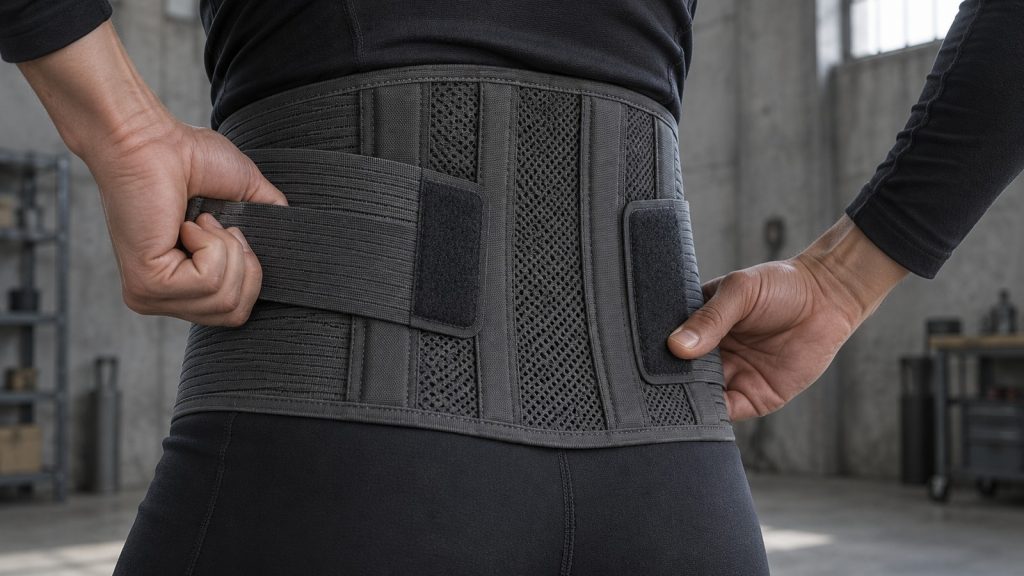 Mains ajustant une large ceinture de maintien lombaire sur un bas du dos, atelier en arrière-plan