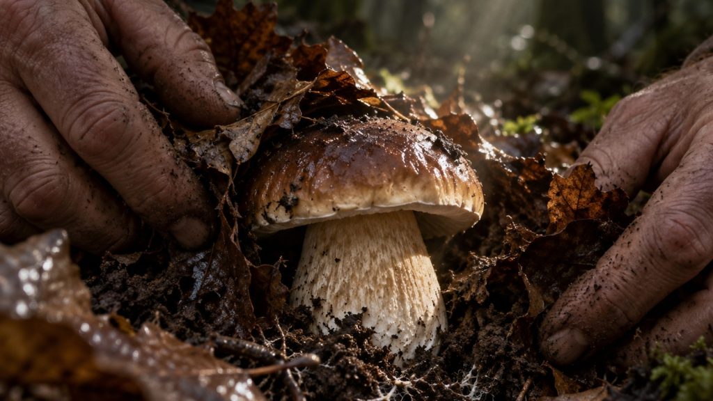 Mains ridées écartant les feuilles mortes pour découvrir un cèpe dans un sous-bois humide