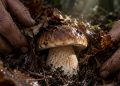 Mains ridées écartant les feuilles mortes pour découvrir un cèpe dans un sous-bois humide