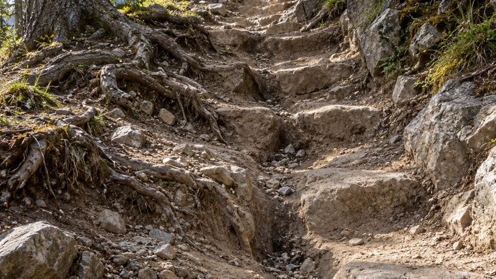 Sentier de montagne fortement érodé formant des marches irrégulières de terre et de pierres, racines apparentes