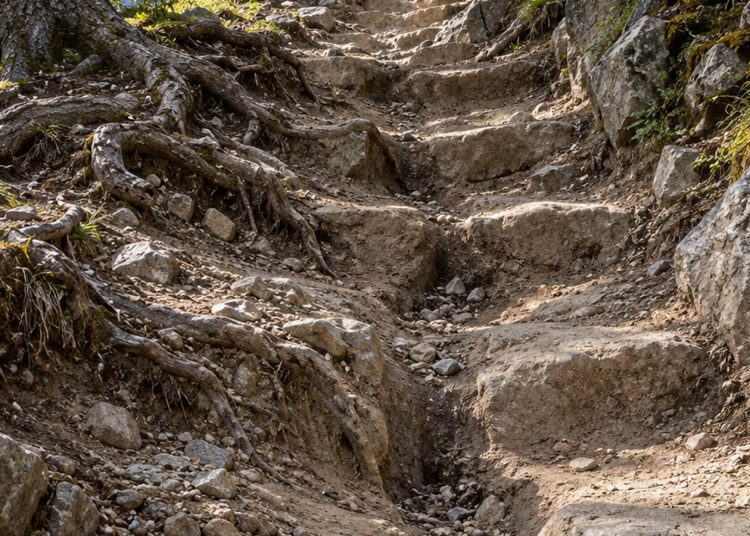 Sentier de montagne fortement érodé formant des marches irrégulières de terre et de pierres, racines apparentes