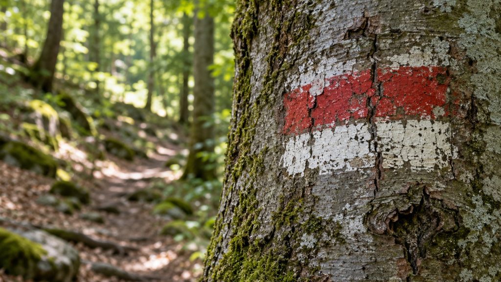 Marque de balisage rouge et blanche délavée peinte sur un tronc de hêtre au bord d’un sentier forestier