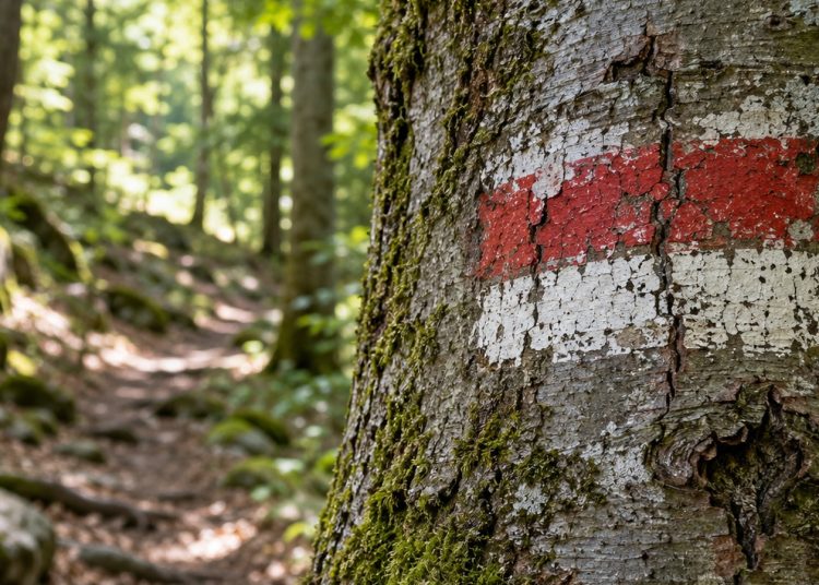 Marque de balisage rouge et blanche délavée peinte sur un tronc de hêtre au bord d’un sentier forestier