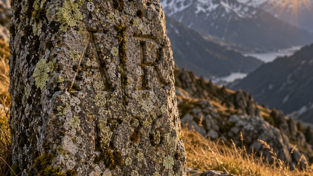 Borne frontière en pierre gravée d’initiales et d’une date, couverte de lichen, sur une crête alpine ensoleillée