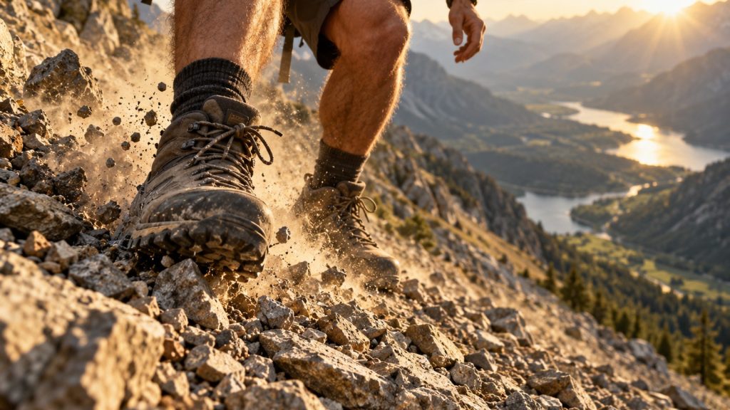 Jambes d’un randonneur en chaussures de marche descendant une pente rocheuse, poussière soulevée