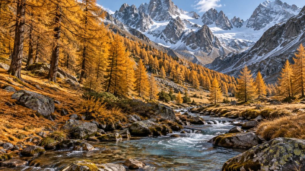 Mélèzes dorés en haute vallée alpine, sol couvert d’aiguilles, torrent en contrebas et pics rocheux déjà enneigés en arrière-plan