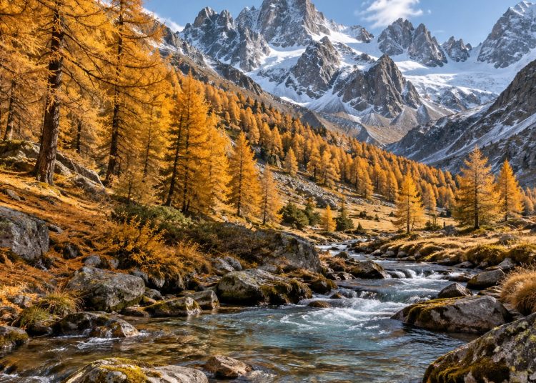 Mélèzes dorés en haute vallée alpine, sol couvert d’aiguilles, torrent en contrebas et pics rocheux déjà enneigés en arrière-plan