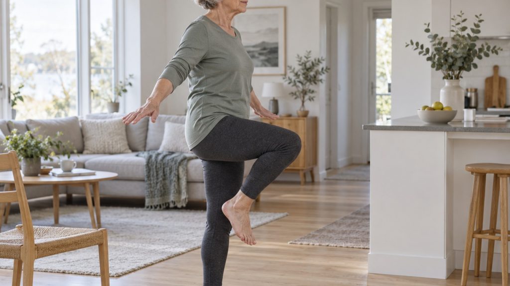 Femme d'environ 65 ans debout sur une jambe, bras écartés pour l'équilibre, pieds nus dans un salon lumineux