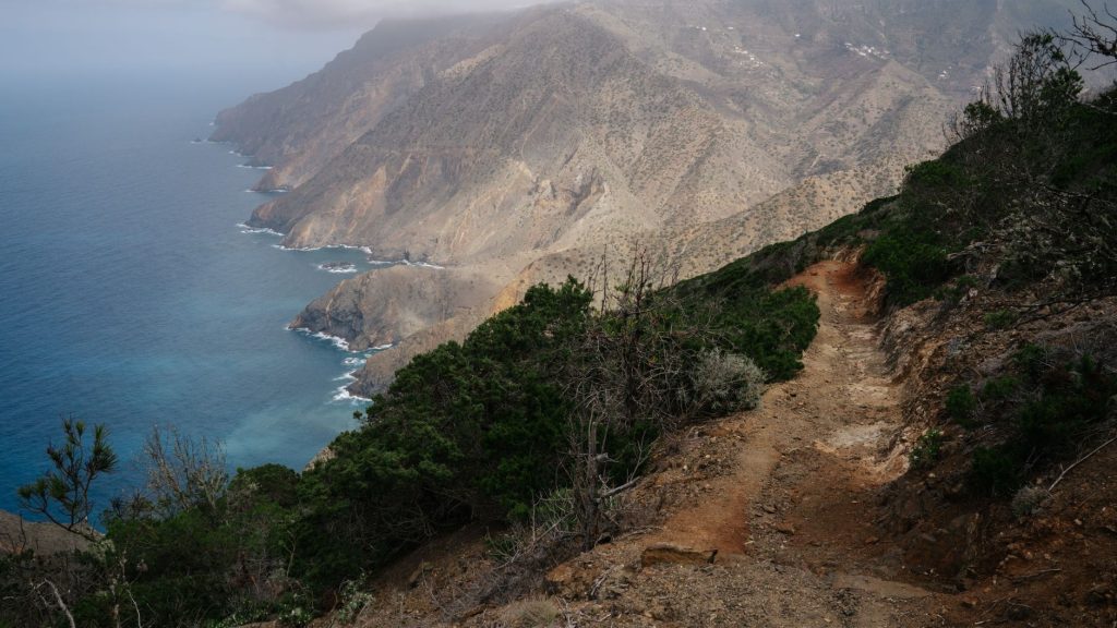 Sentier côtier escarpé longeant une falaise au-dessus de la mer