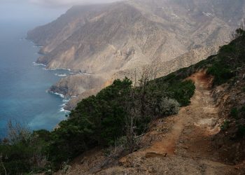 Sentier côtier escarpé longeant une falaise au-dessus de la mer