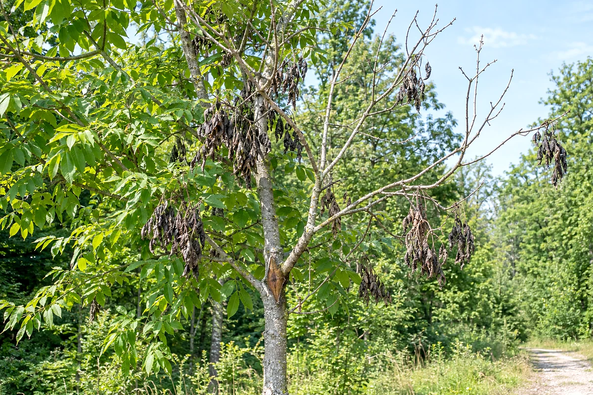 Jeune frêne atteint de chalarose au bord d’un chemin forestier, avec des rameaux secs, des feuilles noircies restées accrochées et une nécrose en losange sur le tronc
