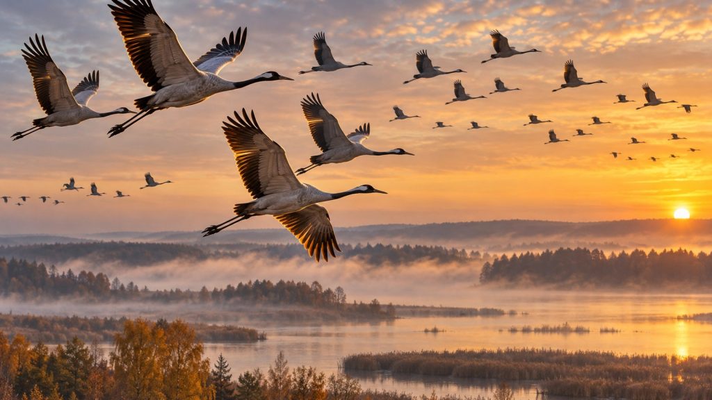 Vol de grues cendrées au lever du jour, cou tendu et longues pattes traînantes, brume au-dessus d'un lac bordé de roselières et de forêts d'automne