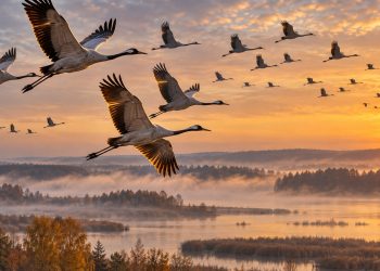 Vol de grues cendrées au lever du jour, cou tendu et longues pattes traînantes, brume au-dessus d'un lac bordé de roselières et de forêts d'automne