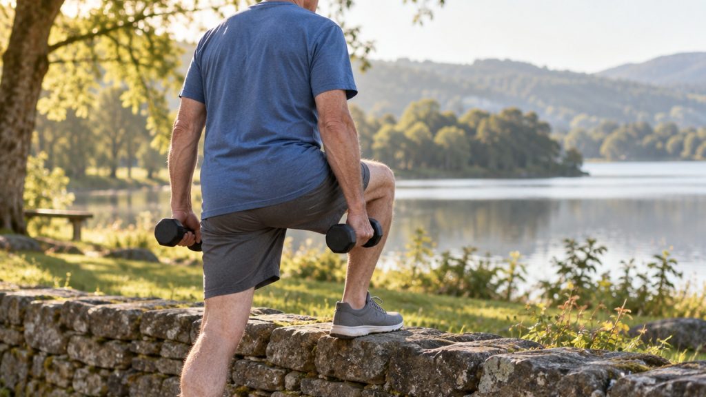 Homme d’environ 65 ans vu de dos montant sur un muret de pierre sèche, un haltère dans chaque main, au bord d’un lac ensoleillé