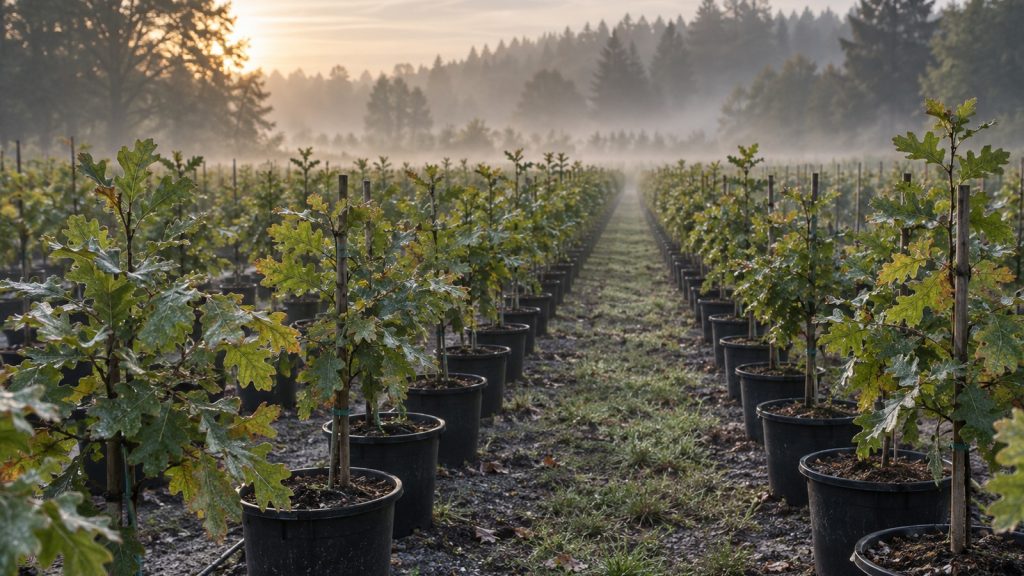 Alignement de jeunes plants forestiers en godets dans une pépinière, rangées de chênes et sol brumeux au petit matin