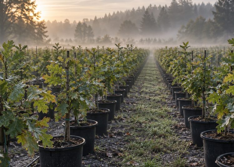 Alignement de jeunes plants forestiers en godets dans une pépinière, rangées de chênes et sol brumeux au petit matin
