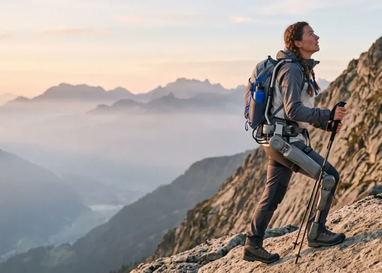 Randonneuse équipée d'un exosquelette au sommet d'un sentier de montagne au lever du soleil