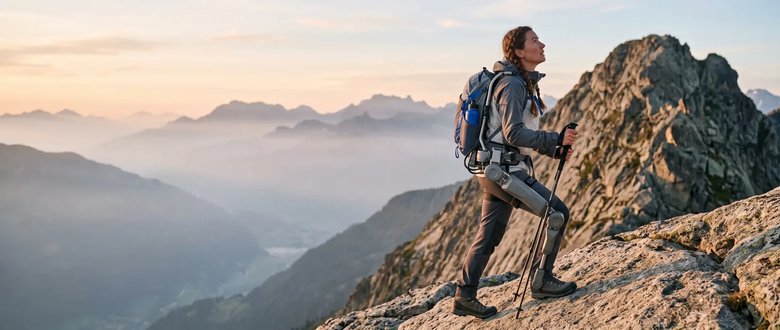 Randonneuse équipée d'un exosquelette au sommet d'un sentier de montagne au lever du soleil