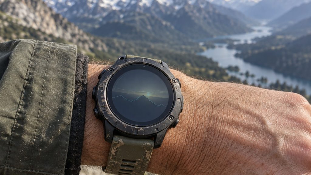 Montre de sport robuste portée au poignet, tenue devant une vallée de montagne floue, poignet et bracelet usés au premier plan