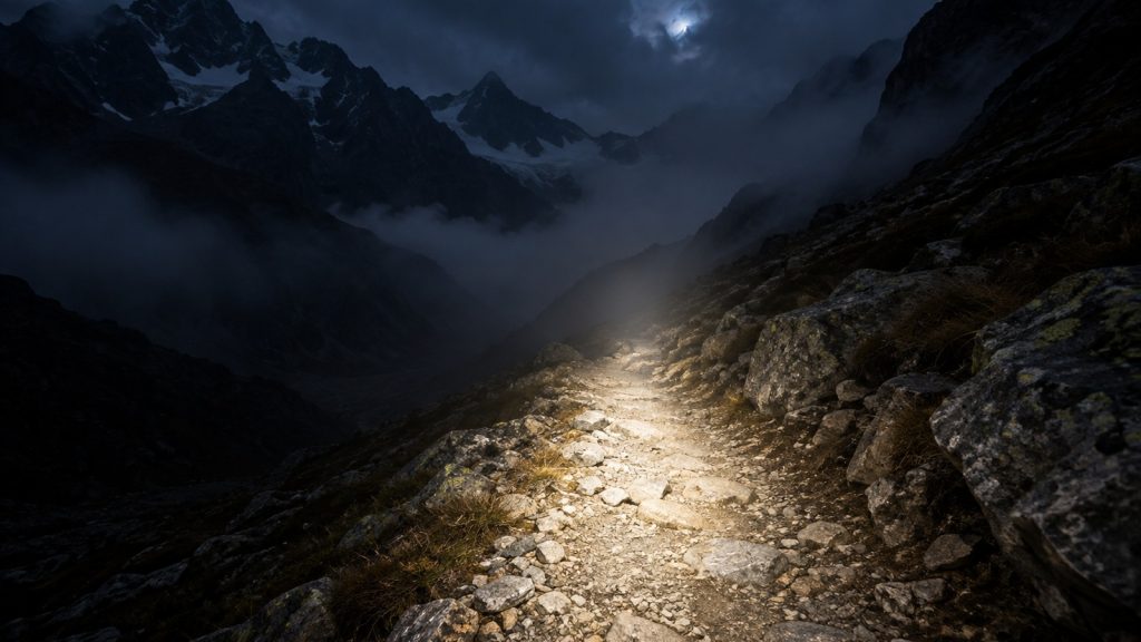 Faisceau de lampe frontale éclairant un sentier rocheux de montagne dans la nuit, brume et pentes sombres de part et d'autre