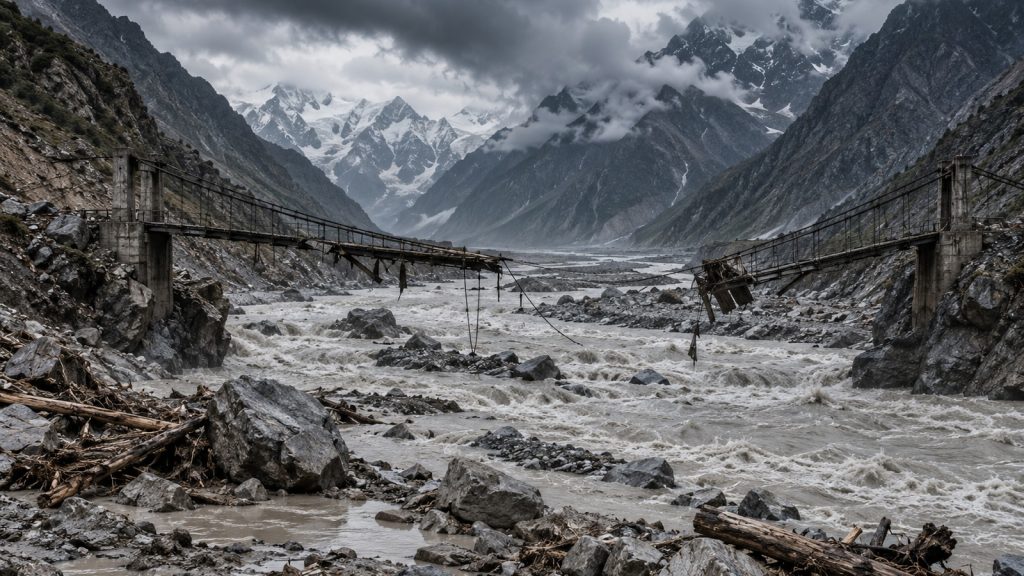 Pont suspendu rompu au-dessus d'une rivière glaciaire en crue dans une vallée himalayenne, tablier effondré et câbles pendants, blocs et bois flotté sur les berges