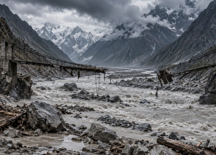 Pont suspendu rompu au-dessus d'une rivière glaciaire en crue dans une vallée himalayenne, tablier effondré et câbles pendants, blocs et bois flotté sur les berges